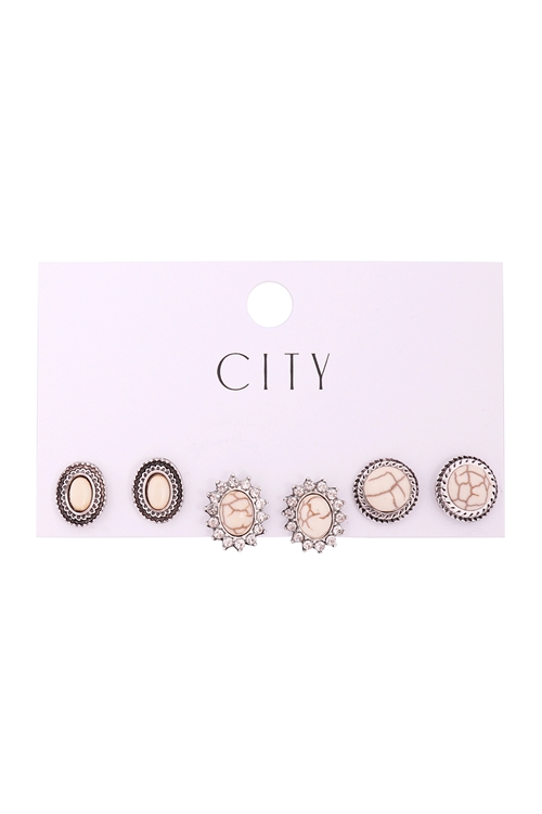 S1-3-2-ME8898HOW - SET MULTI OVAL NATURAL STON POST EARRINGS - HOWLITE/6PCS