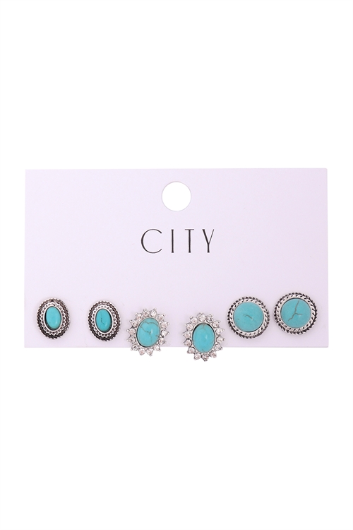 S1-3-2-ME8898TQ - SET MULTI OVAL NATURAL STON POST EARRINGS - TURQUOISE/6PCS