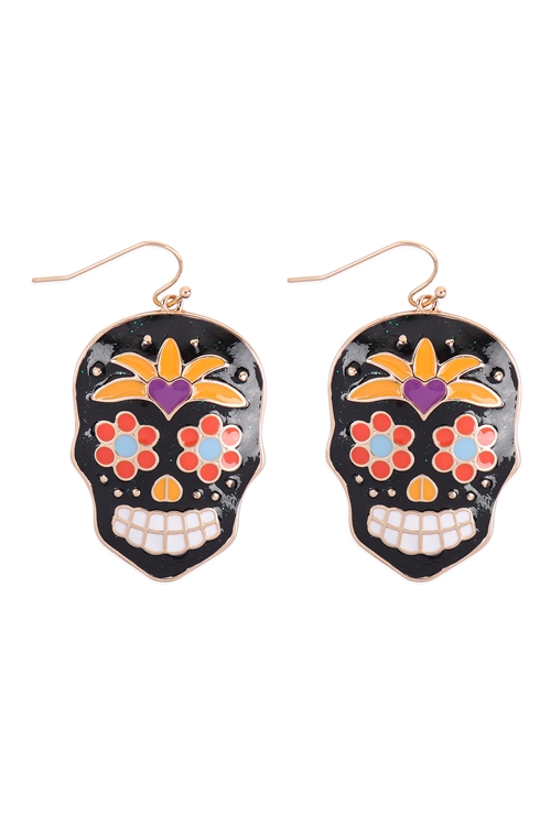 S6-4-5-ME90030BK - (HALLOWEEN) SUGAR SKULL ENAMEL EARRINGS - BLACK/6PCS