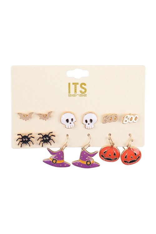 S6-4-5-ME90035MLT - HALLOWEEN 6 SET ASSORTED ENAMEL EARRINGS - MULTICOLOR/6PCS