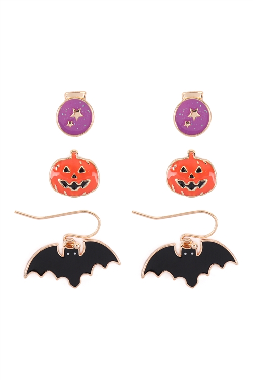 S6-4-5-ME90037MLT - HALLOWEEN ENAMEL 3 SET ASSORTED EARRINGS/6PCS