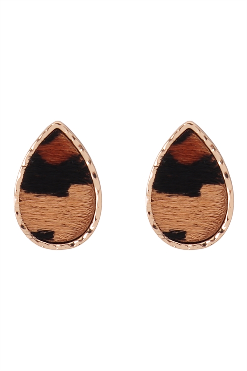 S4-5-3-ME9003NL-BRW-GENUINE LEATHER ANIMAL PRINT TEARDROP POST EARRINGS-LEOPARD BROWN/1PC (NOW $2.00 ONLY!)