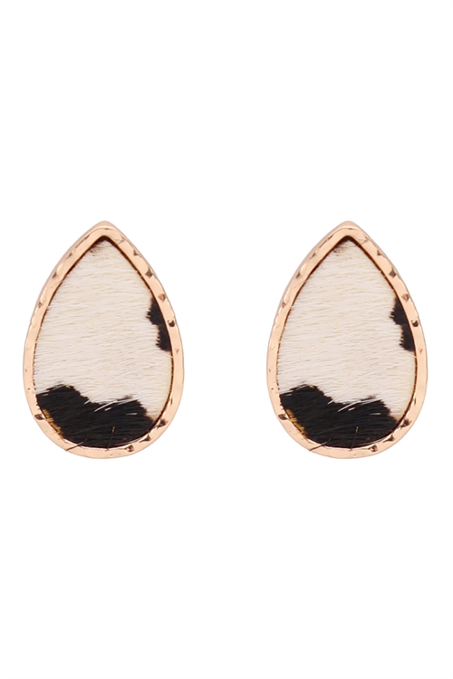 S4-5-3-ME9003NL-WHT-GENUINE LEATHER ANIMAL PRINT TEARDROP POST EARRINGS-LEOPARD WHITE/1PC  (NOW $2.00 ONLY!)