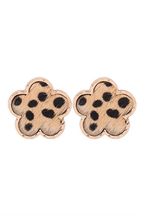 S6-6-5-ME9005CH-BRW-GENUINE LEATHER ANIMAL PRINT CLOVER POST EARRINGS-CHEETAH BROWN/6PCS