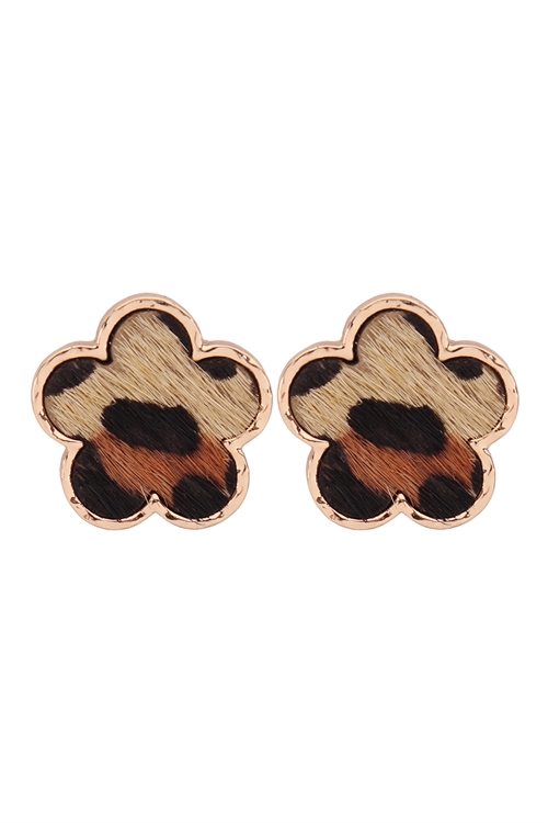 S6-6-5-ME9005L-NAT-GENUINE LEATHER ANIMAL PRINT CLOVER POST EARRINGS-LEOPARD NATURAL/6PCS