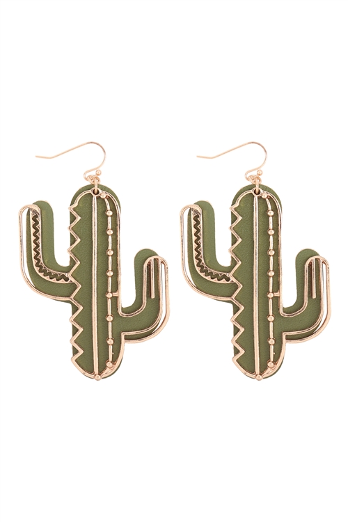 S7-4-1-ME90068OLV - CACTUS LEATHER METAL FILIGREE EARRINGS - OLIVE/6PCS