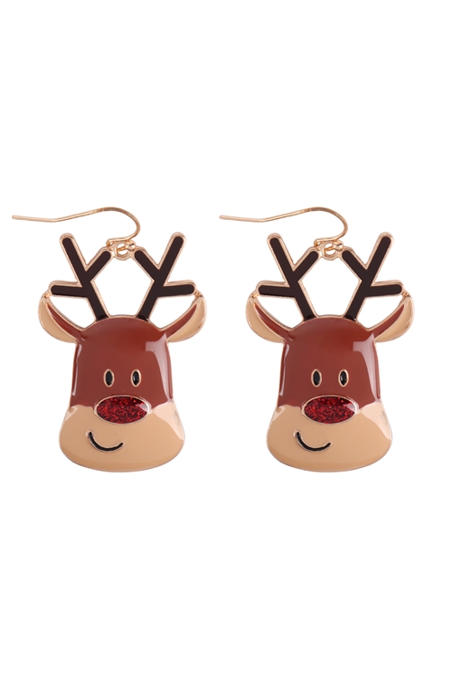 A2-2-3-ME90129BRW - CHRISTMAS REINDEER ENAMEL GLITTER EARRINGS - BROWN/6PCS