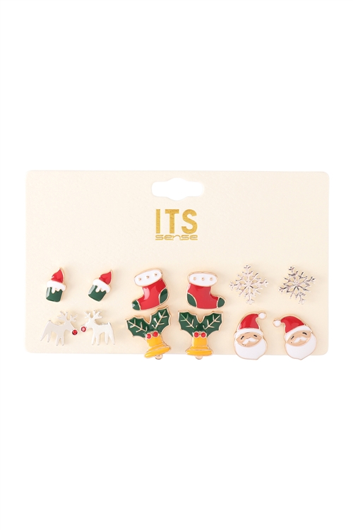 SA4-2-5-ME90140MLT - XMAS 6 PAIR ORNAMENT ENAMEL STUD EARRINGS - MULTICOLOR/1PC