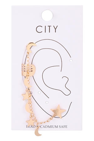 S1-1-1-ME9015GD - EAR CUFF  STAR AND MOON CHAIN LINKED EARRINGS - GOLD- GOLD/1PC (NOW $1.00 ONLY!)