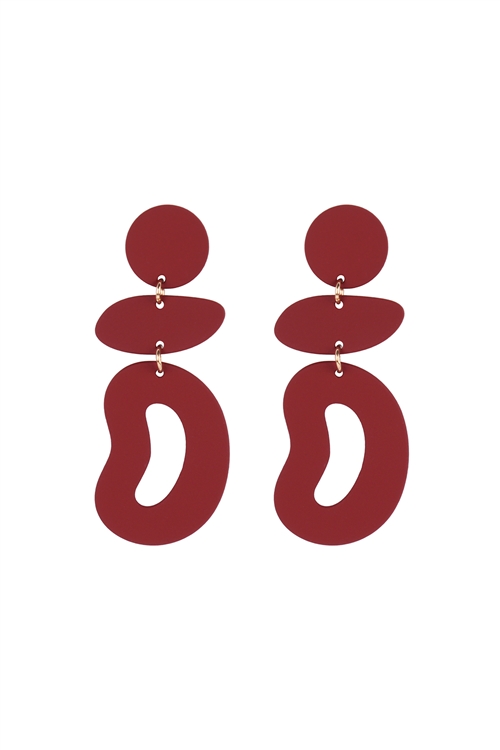A2-1-3-ME90160BGD - ORGANIC SHAPE 3 DROP COLOR COATED EARRINGS - BURGUNDY/6PCS (NOW $1.00 ONLY!)