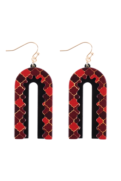 S4-6-5-ME90176BGD - MOROCCAN LAYERED PRINT ACETATE DROP EARRINGS - BURGUNDY/6PCS (NOW $1.25 ONLY!)