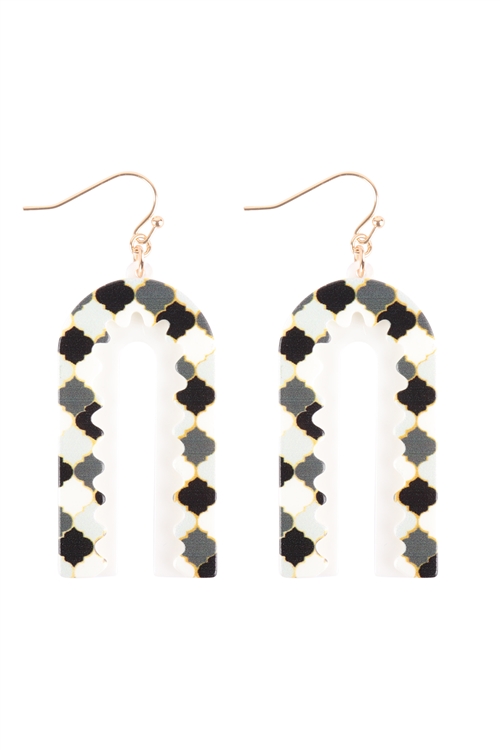 S4-6-5-ME90176BNW - MOROCCAN LAYERED PRINT ACETATE DROP EARRINGS - BLACK WHITE/6PCS (NOW $1.25 ONLY!)