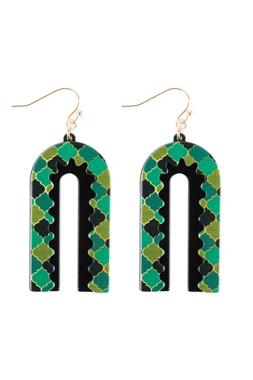S4-6-5-ME90176GRN - MOROCCAN LAYERED PRINT ACETATE DROP EARRINGS - GREEN/6PCS (NOW $1.25 ONLY!)