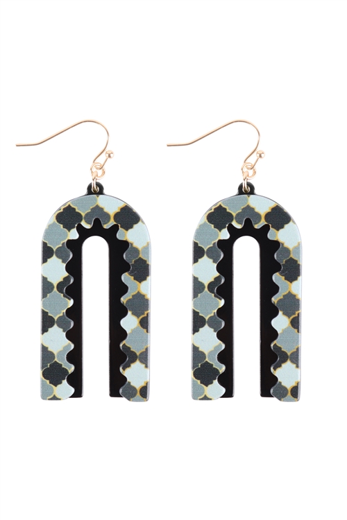 S4-6-5-ME90176GRY - MOROCCAN LAYERED PRINT ACETATE DROP EARRINGS - GRAY/6PCS (NOW $1.25 ONLY!)