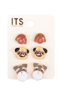 S7-4-4-ME90186MLT - CUTE PUPPY 3 SET ENAMEL EARRINGS-MULTICOLOR/6PCS