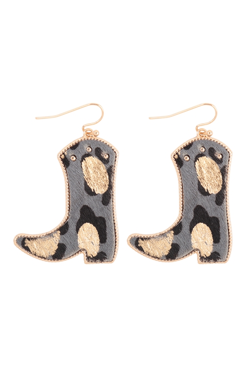 A3-2-4/S5-5-3-ME90226GRY - COWBOY BOOT GOLD PAINT LEOPARD LEATHER FISH HOOK EARRINGS - GRAY/6PCS