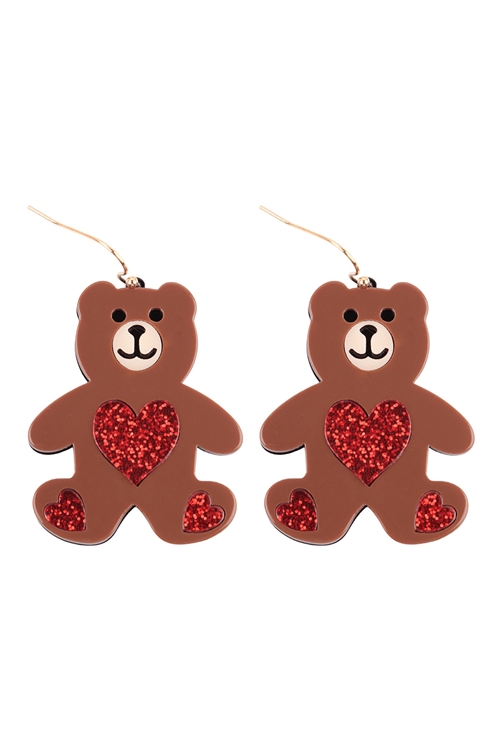 SA4-1-4-ME90235BRW - TEDDY BEAR HEART ACETATE EARRINGS - BROWN/1PC