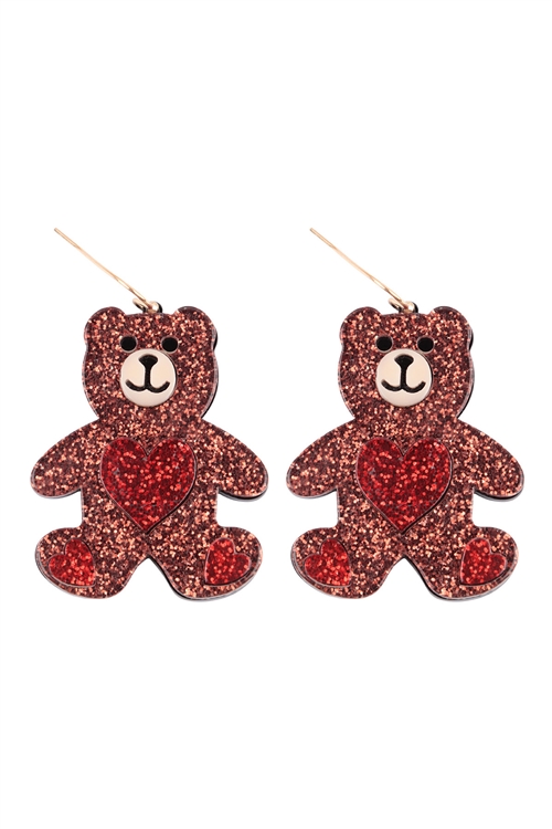 SA4-1-4-ME90235GBR - TEDDY BEAR HEART ACETATE EARRINGS - BROWN GLITTER/1PC