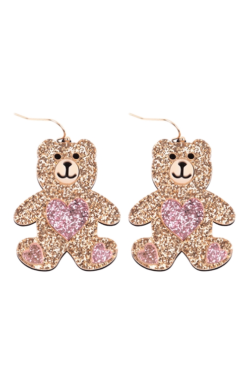 SA4-1-4-ME90235GLB - TEDDY BEAR HEART ACETATE EARRINGS - LIGHT BROWN GLITTER/1PC