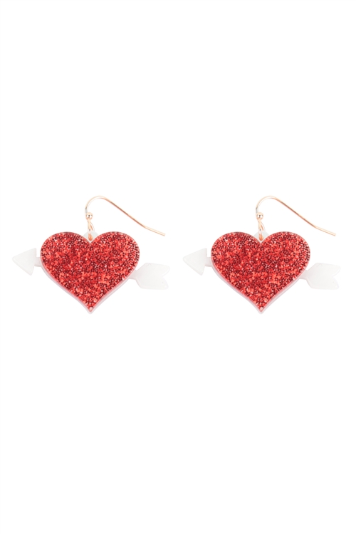 S4-4-3-ME90236RED - GLITTER ACETATE  CUPID HEART FISH HOOK EARRINGS - RED/6PCS