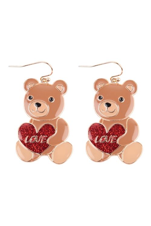 S4-4-4-ME90244BRW -  LOVE HEART TEDDY BEAR ENAMEL FISH HOOK EARRINGS -  BROWN/1PC