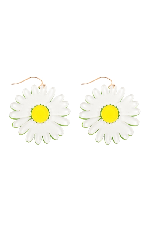 S6-4-1-ME90277WHT - DAISY ACRYLIC DANGLE FISH HOOK EARRINGS - WHITE/1PC