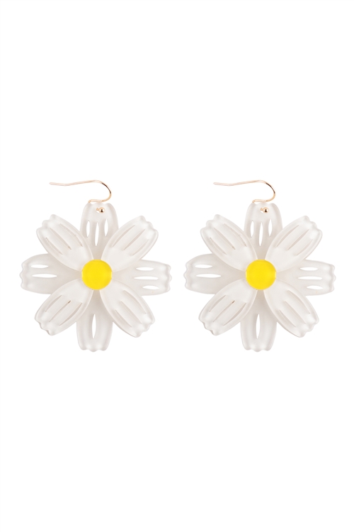 S5-5-2-ME90281WHT - FLOWER ACRYLIC DANGLE FISH HOOK EARRINGS - WHITE/1PC (NOW $1.00 ONLY!)