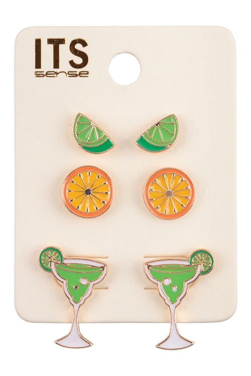 S1-5-3-ME90296LGN - MARGARITA ENAMEL STUD 3 SET EARRINGS - LIGHT GREEN/6PCS