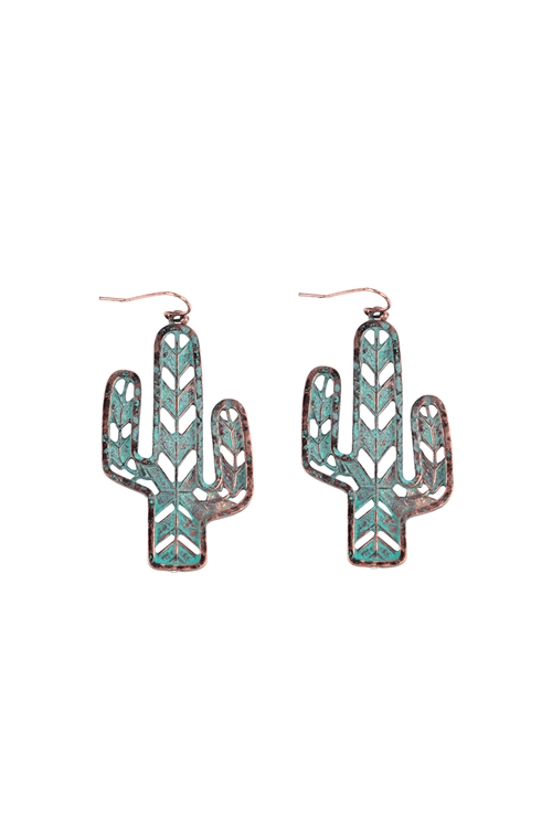 S5-4-2-ME90304PAT - CACTUS METAL FILIGREE DROP FISH HOOK EARRINGS - MATTE TURQUOISE/6PCS