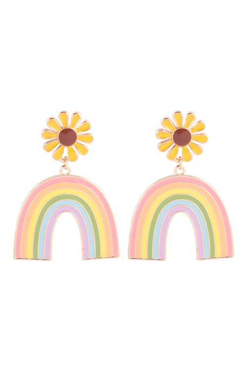 S6-4-2-ME90309LYE - RAINBOW W/ FLOWER ENAMEL POST DANGLE EARRINGS - LIGHT YELLOW/6PCS