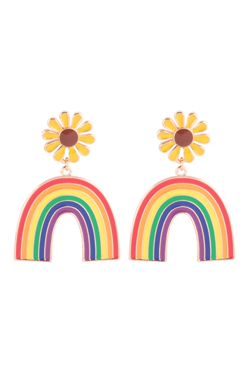 S6-4-2-ME90309YEL - RAINBOW W/ FLOWER ENAMEL POST DANGLE EARRINGS - YELLOW/6PCS