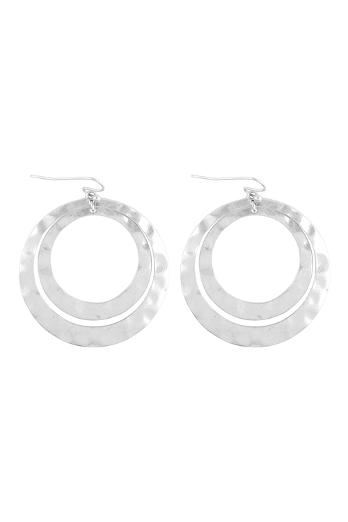 A3-1-2-ME90341WS - LAYERED CIRCLE HAMMERED METAL EARRINGS - MATTE SILVER/6PCS