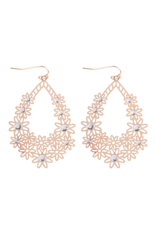 A2-1-2-ME90344GD - FLOWER FILIGREE W/ RHINESTONE TEARDROP EARRINGS - GOLD/6PCS