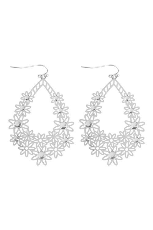 A2-1-2-ME90344RD - FLOWER FILIGREE W/ RHINESTONE TEARDROP EARRINGS - SILVER/6PCS