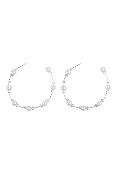 S6-6-2-ME90345RD - 2" PEARL STATION HOOP EARRINGS-SILVER/1PC