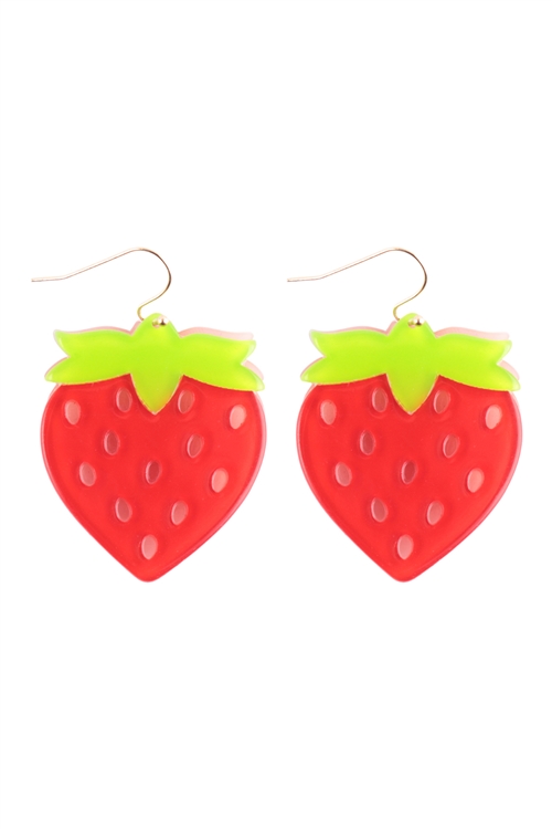 S5-5-5-ME90364RED - STRAWBERRY ACRYLIC  DANGLE FISH HOOK EARRINGS/1PC