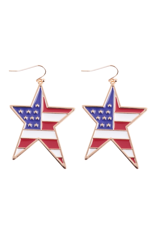 A2-1-2-ME90376GD - STAR AMERICAN FLAG ENAMEL DANGLE FISH HOOK EARRINGS - GOLD/6PCS