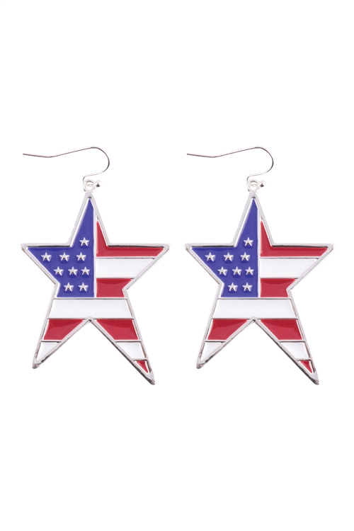 A2-1-2-ME90376SV - STAR AMERICAN FLAG ENAMEL DANGLE FISH HOOK EARRINGS - SILVER/6PCS