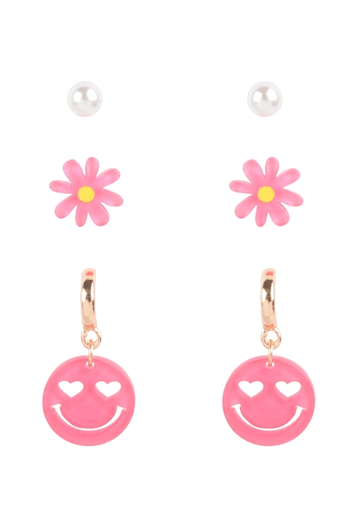 S5-4-5-ME90384PNK - SMILEY, FLOWER ACRYLIC PEARL 3SET EARRINGS-PINK/1PC