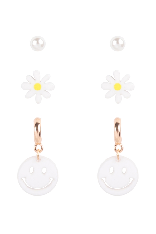 S5-4-5-ME90384WHT - SMILEY, FLOWER ACRYLIC PEARL 3SET EARRINGS-WHITE/1PC