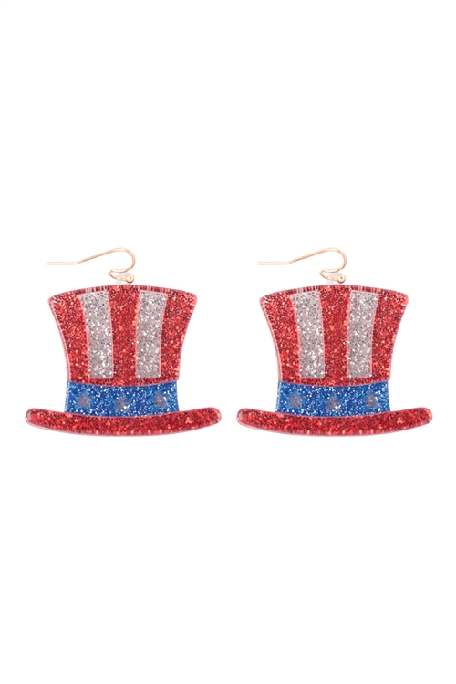 A2-5-4-ME90400GRNB - HAT USA FLAG ACRYLIC GLITTER HOOK EARRINGS-RED-BLUE/1PC