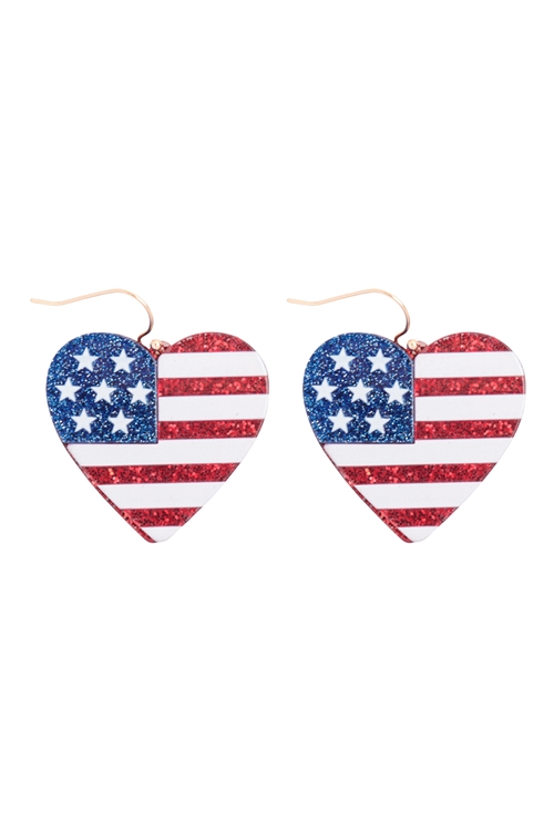 S6-5-1-ME90405GRNB - HEART SHAPE USA FLAG ACRYLIC GLITTER HOOK EARRINGS-RED-BLUE/1PC