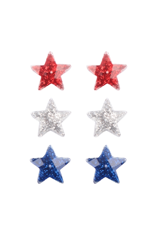 S6-5-1-ME90423GRNB -USA STAR GLITTER  STUD 3 SET EARINGS-RED-BLUE/6PCS
