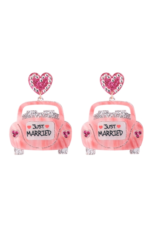 SA4-3-1-ME90455PNK-SV - "JUST MARRIED"  WEDDING CAR STUD EARRINGS-PINK SILVER/6PCS