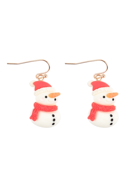 A1-1-3-ME90520WHT - CHRISTMAS SNOWMAN POLYMER CLAY HOOK EARRINGS-WHITE/1PC
