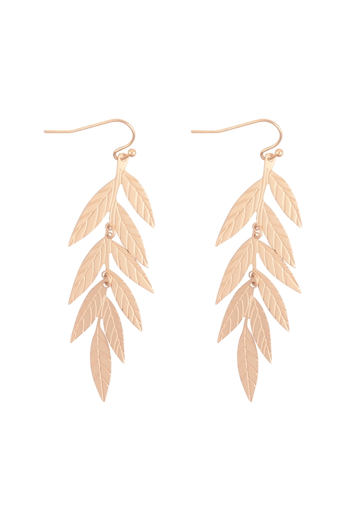 S1-6-3-ME90530MG - TEXTURED NARROW LEAF DROP FISH HOOK EARRINGS-MATTE GOLD/1PC