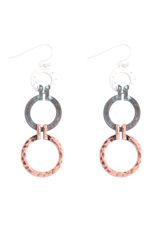 S5-4-2-ME90533PMLT - HAMMERED CIRCLE DANGLING FISH HOOK EARRINGS-BURNISH MULTICOLOR/1PC