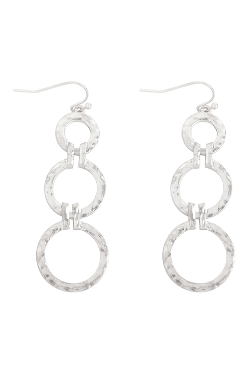 S5-4-2-ME90533WS - HAMMERED CIRCLE DANGLING FISH HOOK EARRINGS-MATTE SILVER/1PC
