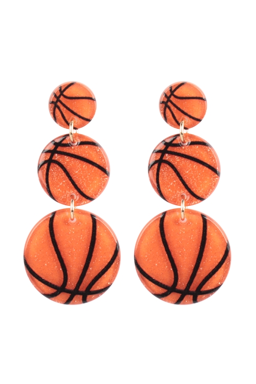 S1-6-3-ME90590BSK - GAME DAY BASKETBALL ACRYLIC 3 LINK DROP POST EARRINGS/6PCS