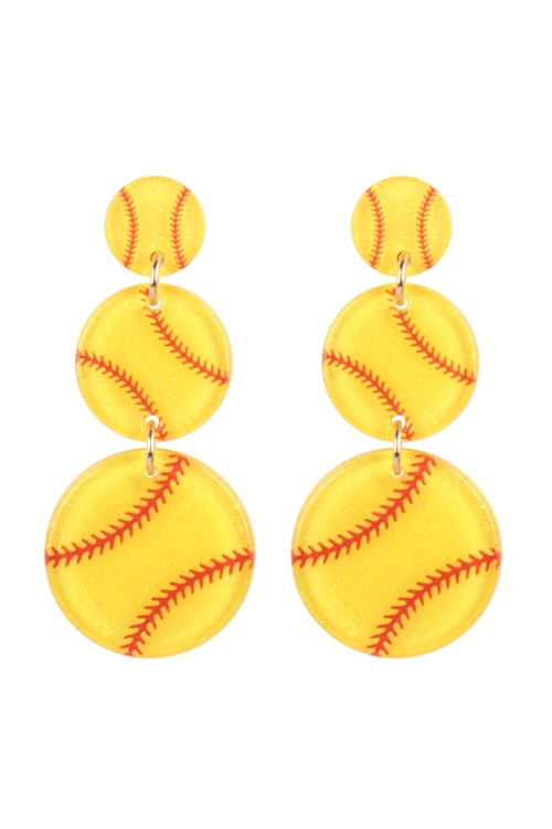 S1-6-3-ME90590SFB - GAME DAY SOFTBALL ACRYLIC 3 LINK DROP POST EARRINGS/6PCS